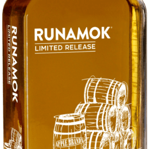 A bottle of whisky with some barrels on it