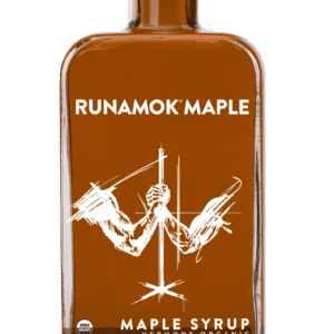 A bottle of maple syrup with the words runamok maple written on it.
