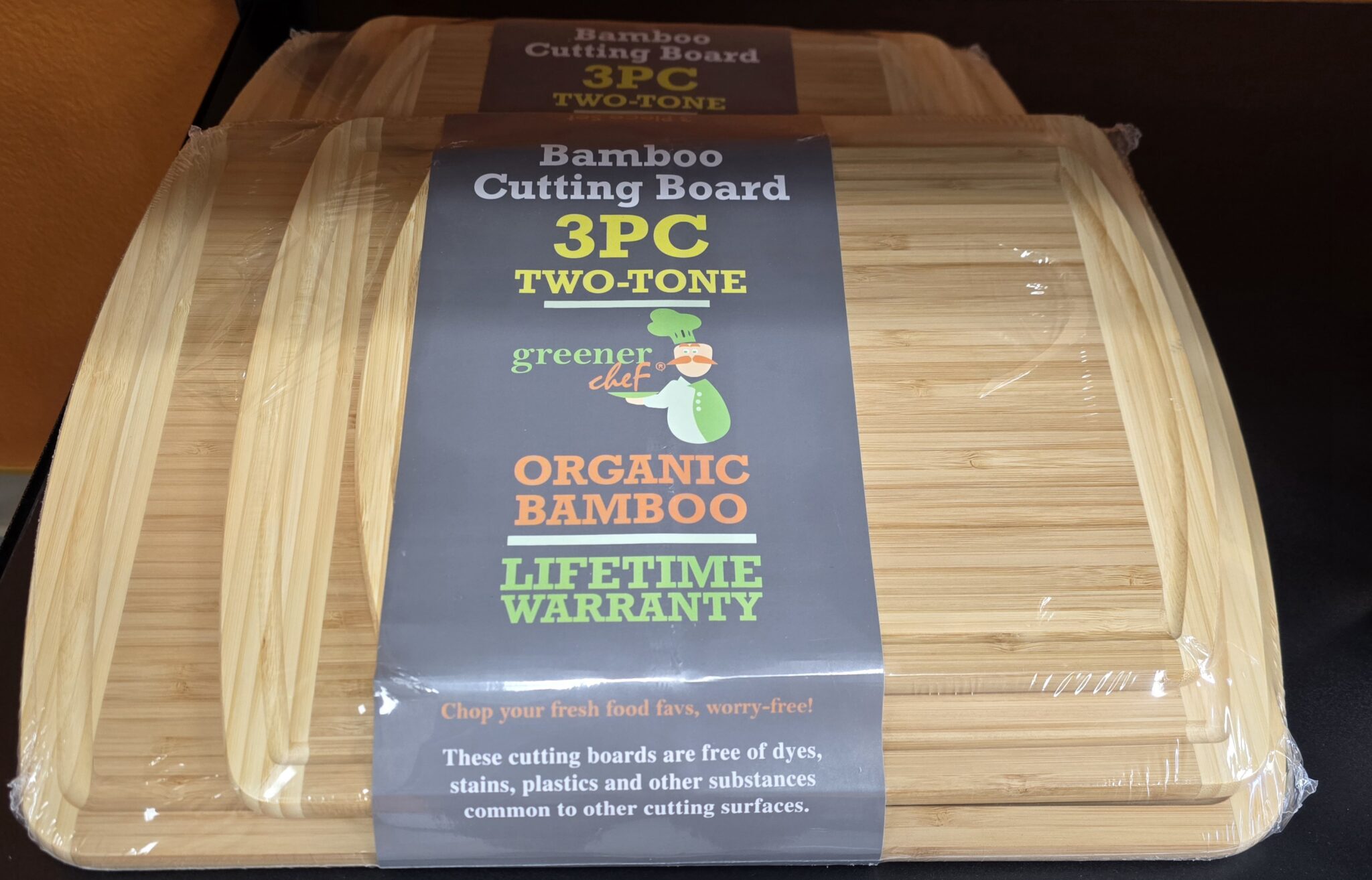 Three-piece bamboo cutting board set packaging.