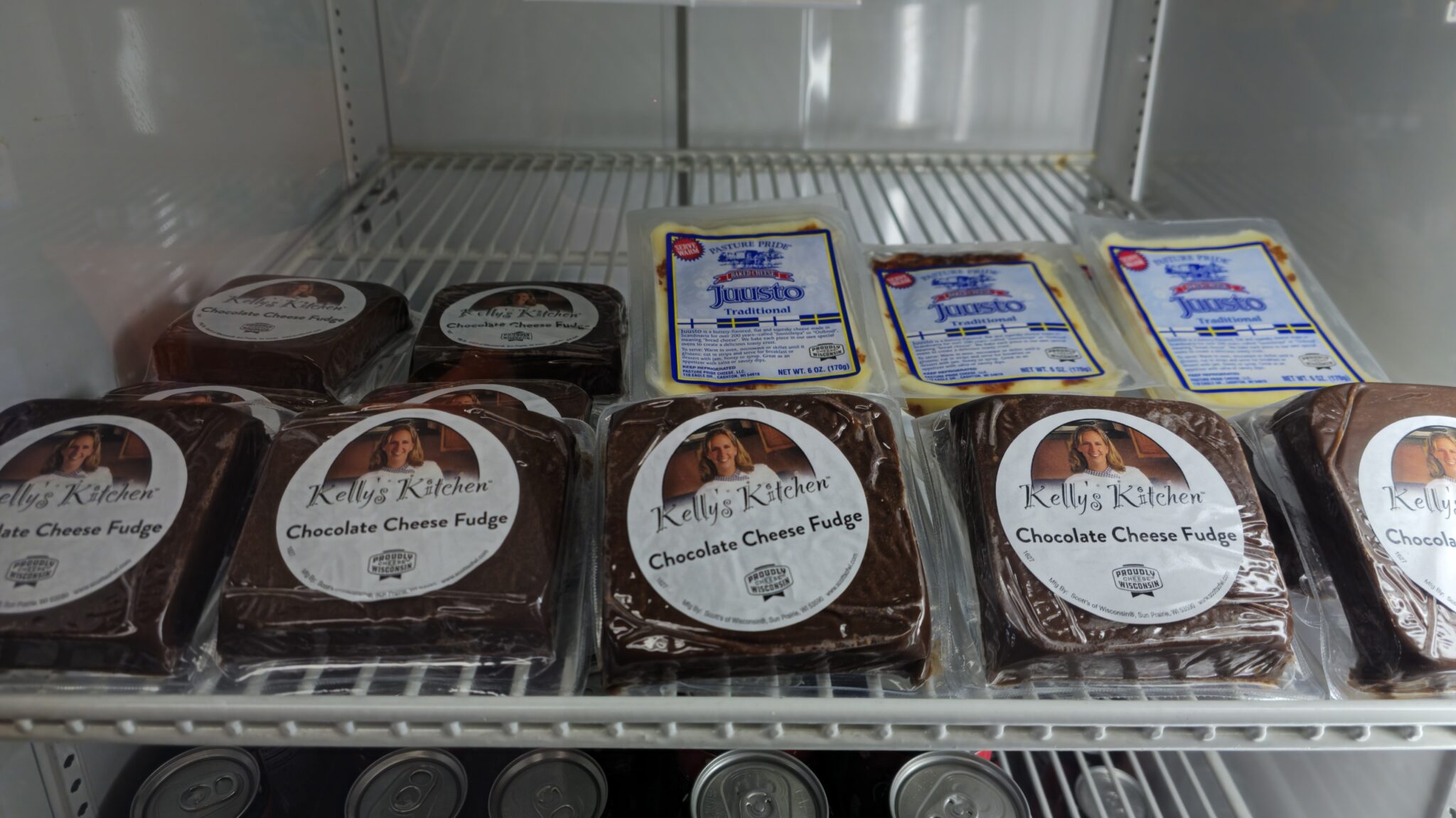 Chocolate cheese fudge displayed in refrigerator.