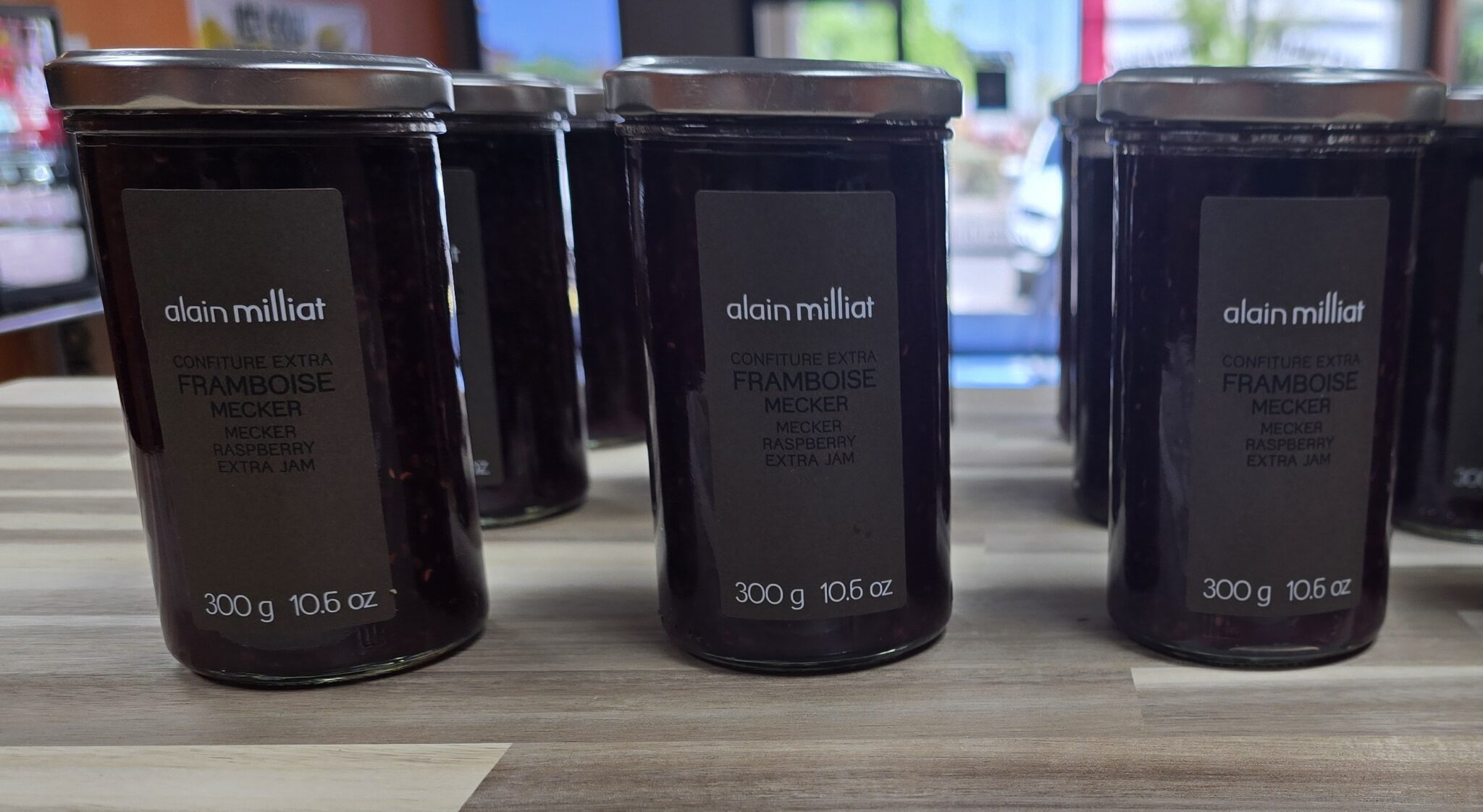 Jars of Alain Milliat raspberry preserves.